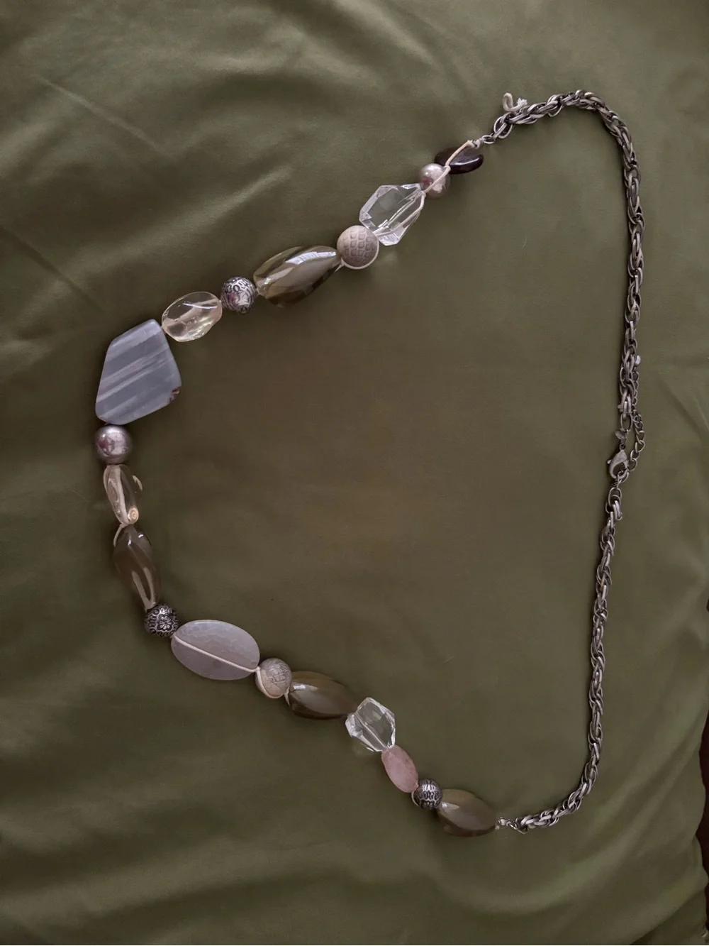 Chico's Mixed Bead Necklace in Olive, Taupe and Silver